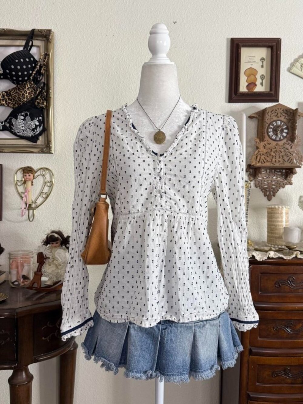 Cottagecore white and navy blue textured babydoll blouse